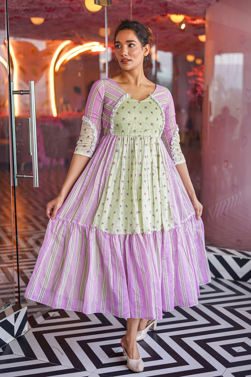 PASTEL GREEN FLORAL WITH LAVENDER STRIPES CHANDERI DRESS