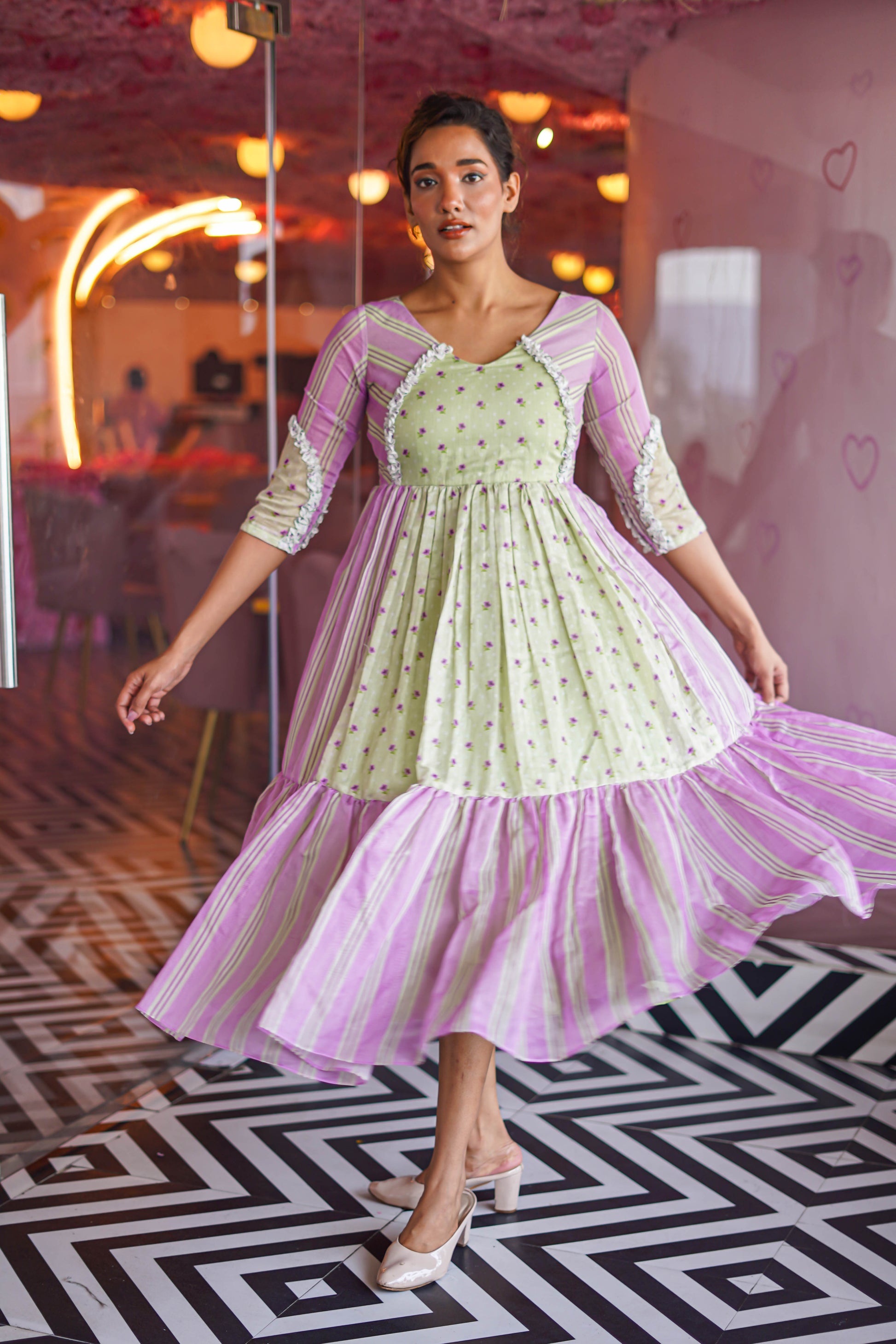 PASTEL GREEN FLORAL WITH LAVENDER STRIPES CHANDERI DRESS