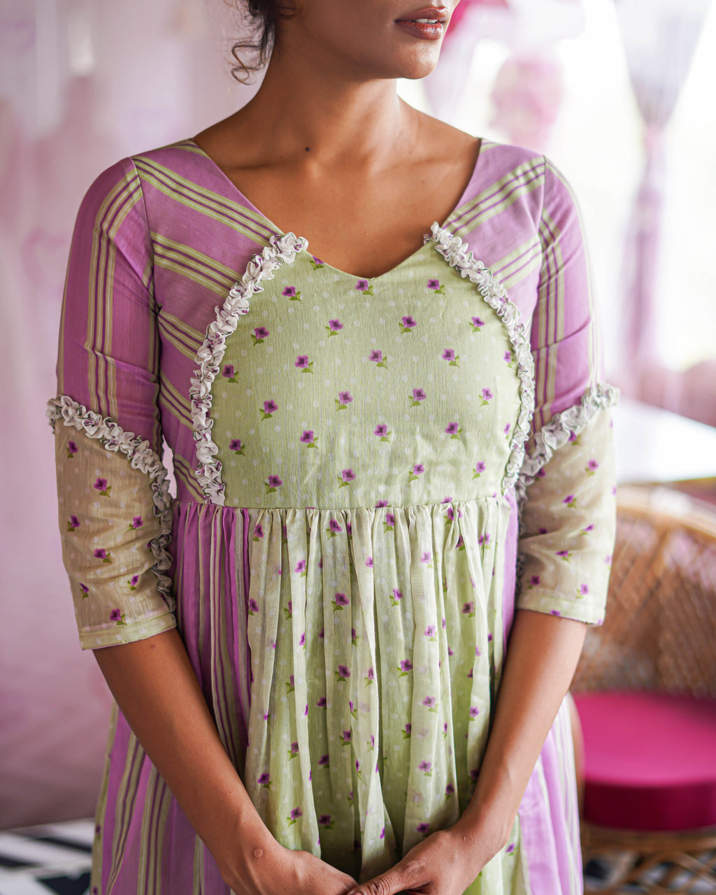PASTEL GREEN FLORAL WITH LAVENDER STRIPES CHANDERI DRESS
