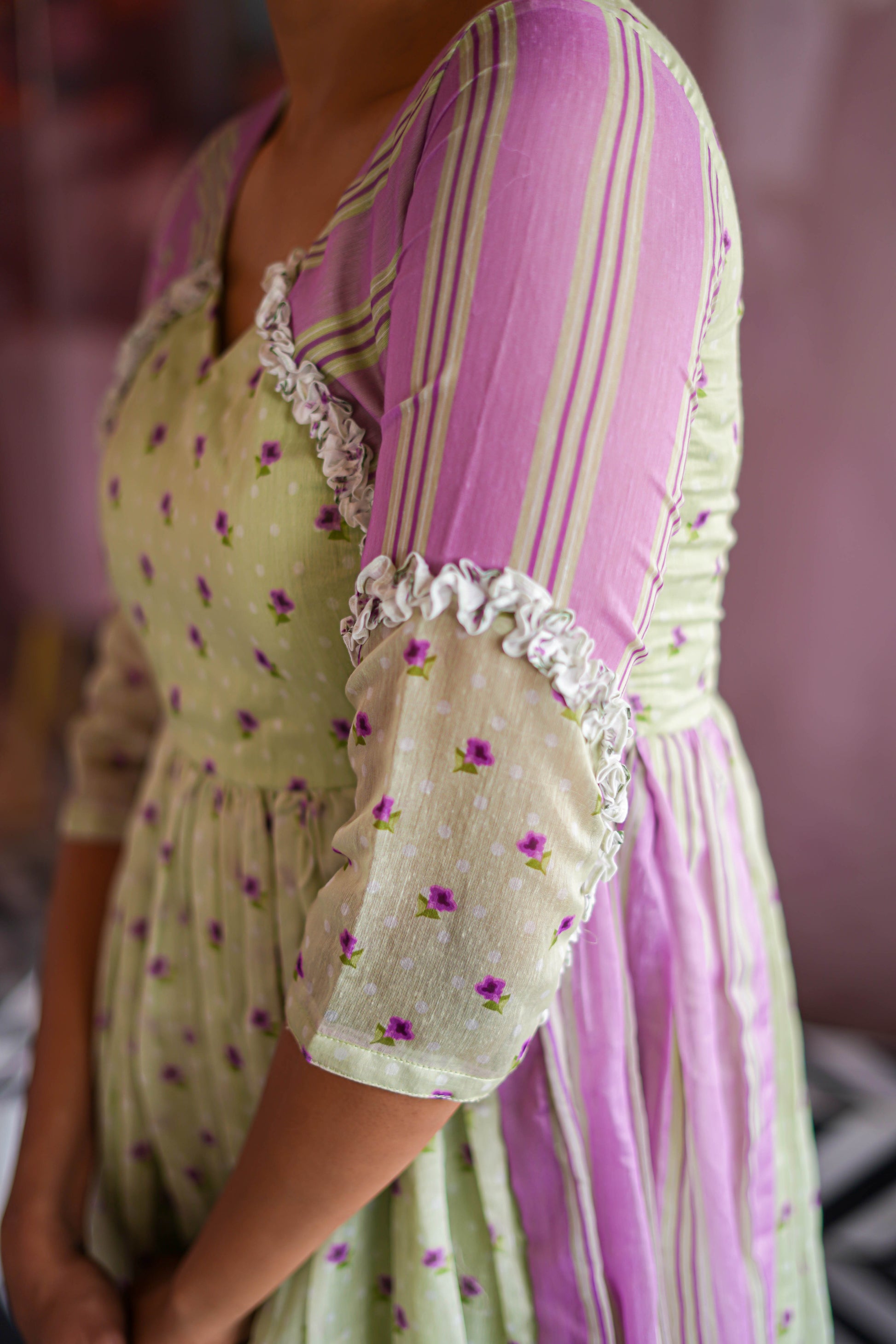 PASTEL GREEN FLORAL WITH LAVENDER STRIPES CHANDERI DRESS