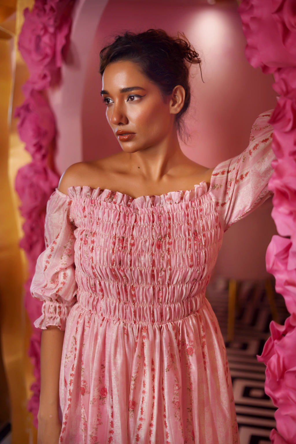 MAUVE PINK VINTAGE ROSES SMOCKING DRESS